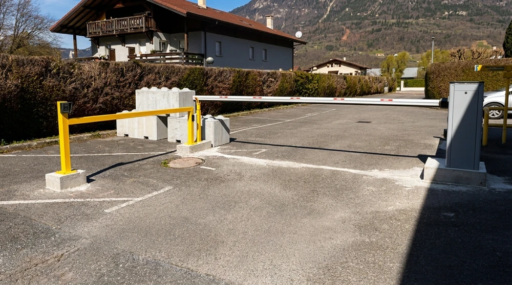 Barrière de parking automatique en milieu extérieur, cadre jaune avec lisse blanche à réflecteurs rouges en position ouverte