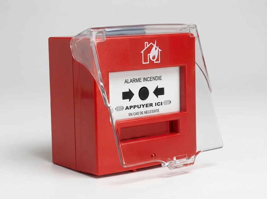 Déclencheur manuel d'alarme incendie rouge avec capot de protection transparent relevable