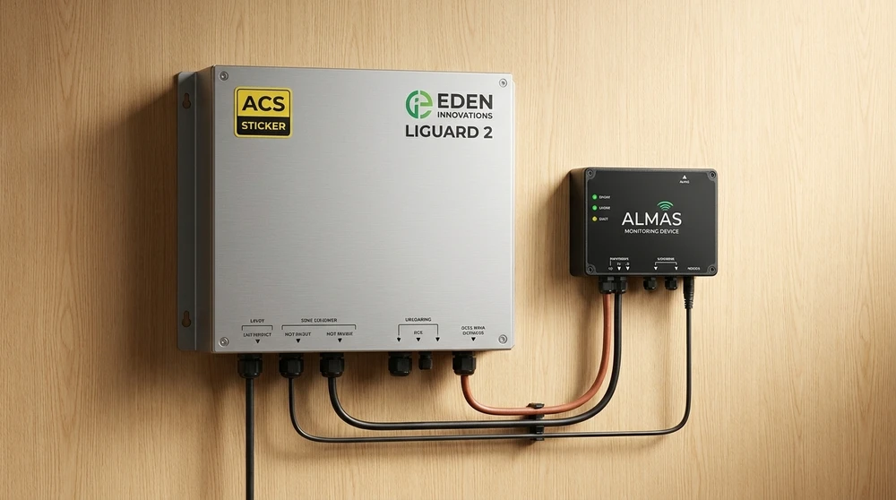 Boîtier métallique industriel mural **Eden Innovations Liguard 2** avec sticker **ACS**, connecté à un module compact **ALMAS Monitoring Device** via câbles électriques noirs et rouge/cuivre