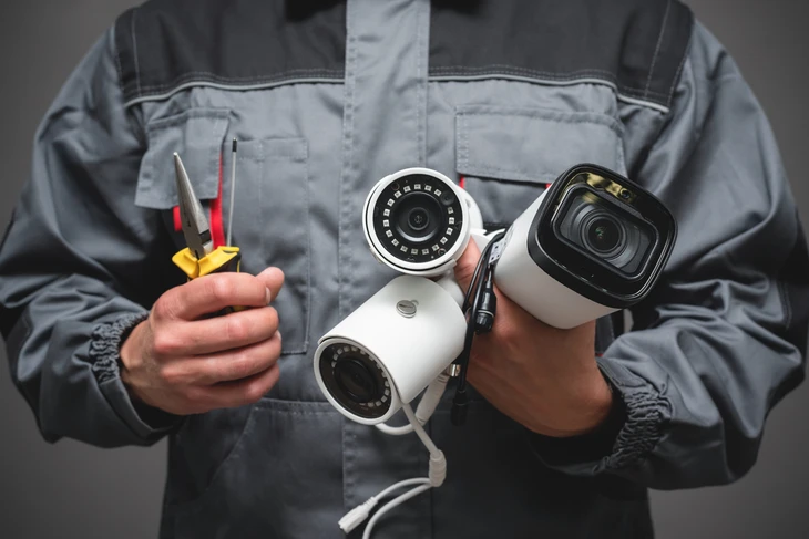 Un technicien installe une caméra CCTV IP par capot imperméable pour protéger la caméra est un concept de système de sécurité domestique