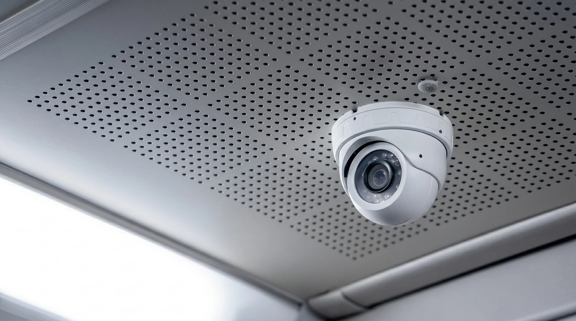Photographie en couleur d'un environnement professionnel moderne (open space, atelier ou zone logistique) montrant discrètement une ou plusieurs caméras de surveillance encastrées ou murales de qualité professionnelle, avec en avant-plan un employé au travail dans une posture naturelle, concentré sur sa tâche, suggérant à la fois l'environnement professionnel et la présence rassurante d'une protection active. L'ambiance doit être claire, professionnelle et inspirante, reflétant la qualité et la discrétion des installations Yomi Groupe.