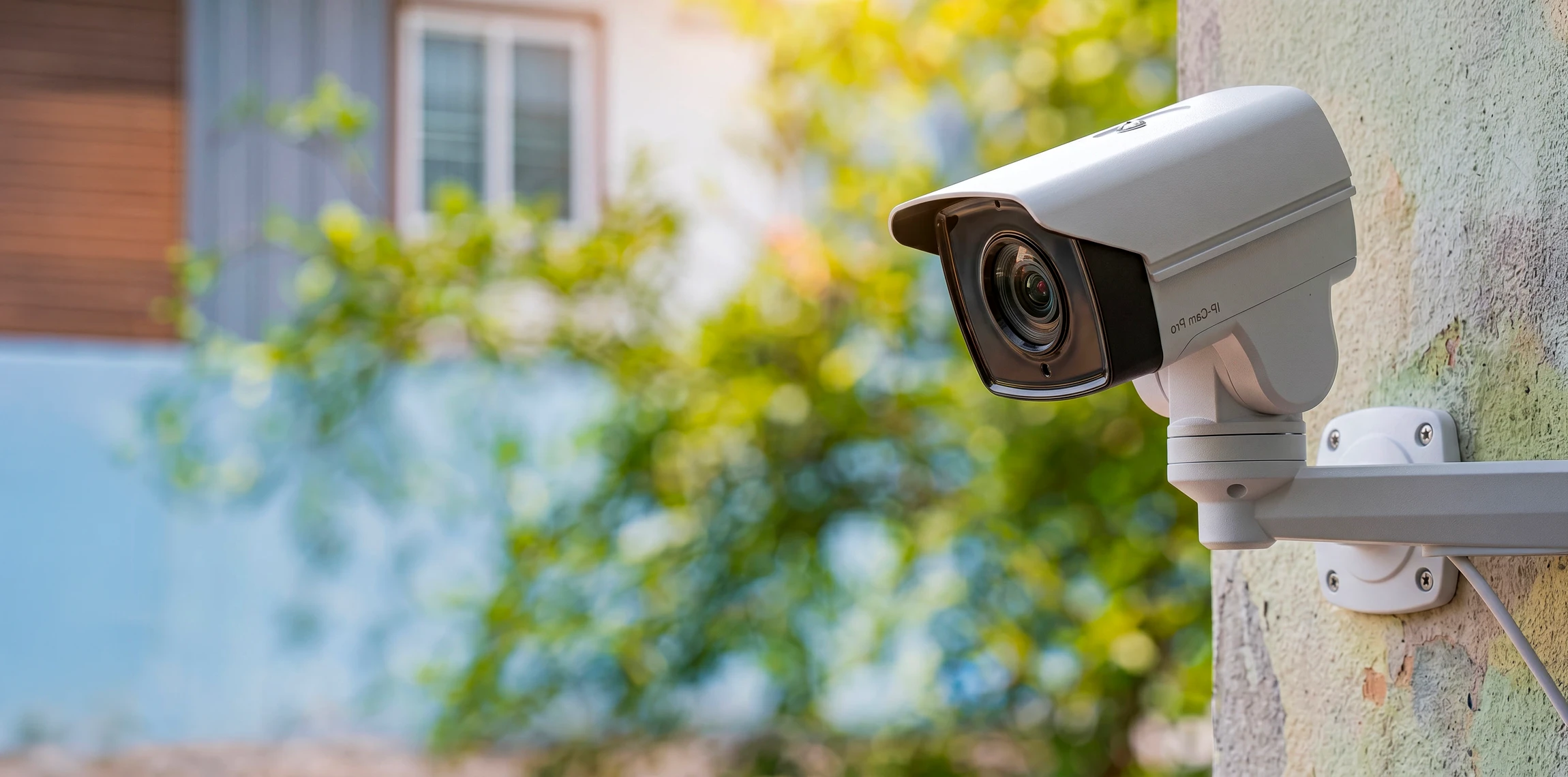 Scène extérieure avec caméra de vidéosurveillance blanche montée sur support fixe, orientée vers la droite