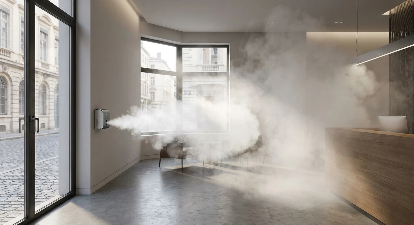 Gros plan d'un générateur de brouillard anti-intrusion moderne en acier inoxydable ou noir brillant, installé discrètement en hauteur dans un intérieur commercial (bijouterie, banque ou commercial de prestige). Le dispositif doit être clairement visible et professionnel, éventuellement photographié dans une vitrine de boutique haut de gamme avec éclairage professionnel. La photo doit montrer la qualité et la finition premium de l'installation, dans un contexte commercial sécurisé.